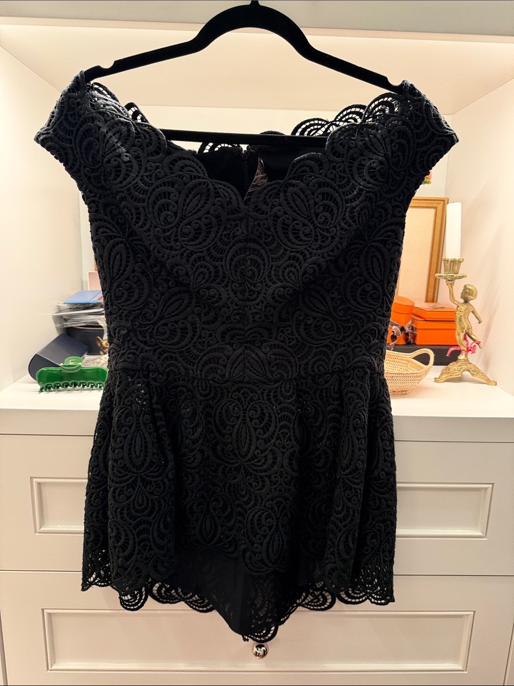 Lela Rose Black Lace Off-Shoulder Peplum Top